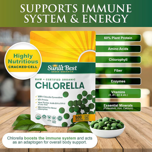 Sunlit USDA Organic Premium Chlorella Tablets, 500 Tabs, 100% Pure Superfood Supplement High in Protein and Vitamins