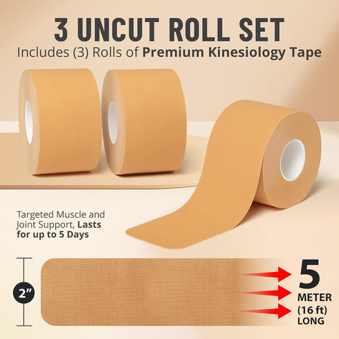 Pack 3 (2 Inch 16 5cm 5m) Kinesiology Tape Rolls - of x Ft / x - Latex-Free, Breathable Cotton - Strong Adhesive