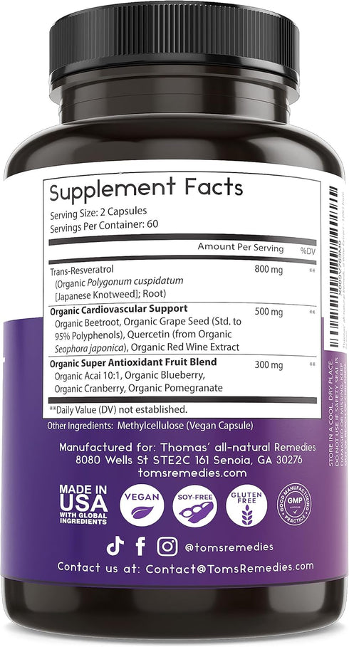 Thomas' Resveratrol 1600mg Organic Antioxidant Supplement with Grape Seed Extract & Quercetin, 120 Capsules
