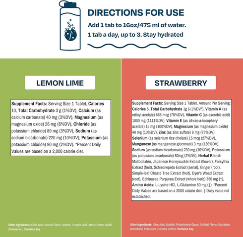 Drinklits Lemon-Lime Electrolyte Hydration & Strawberry Immune Support Tablets, 2 Tube Combo Pack