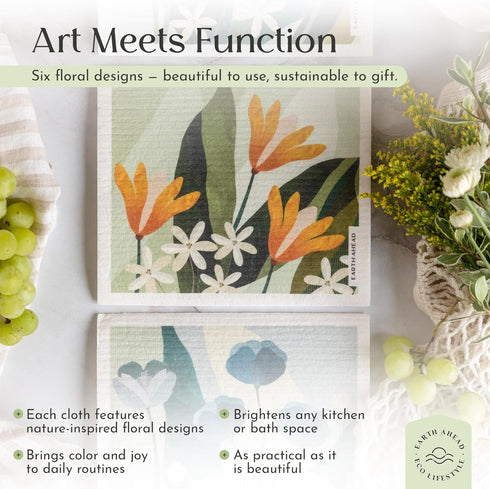 Set 6 Pack Swedish Dishcloths Floral Designs Gift Reusable Compostable Cellulose Sponge Cloth Eco-Friendly Paper Towel