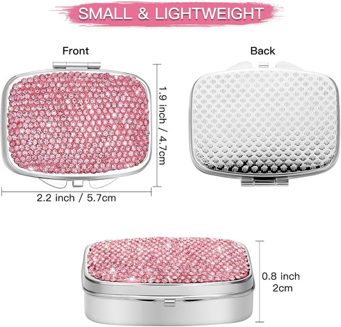 Soleebee Bling Crystal Pill Box, Portable 2 Compartments Daily Pill Organizer, Small Travel Pill Case for Purse or Pocket, Medicine Vitamin Pill Container Organizer (Pink)