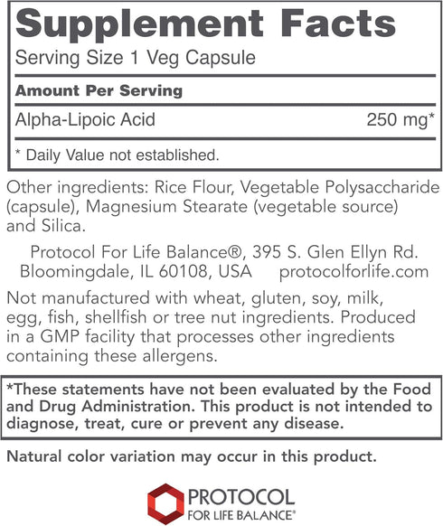 Protocol Alpha-Lipoic Acid Supplement - 250mg ALA with Grape Seed Extract & Bioperine - 90 Veg Capsules