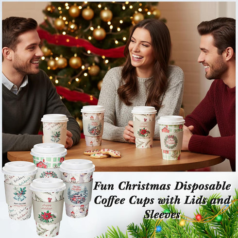 Jingmore 48 Pack 16 oz Christmas Disposable Coffee Cups with Lids and Sleeves Christmas Paper Hot Cups Xmas Party