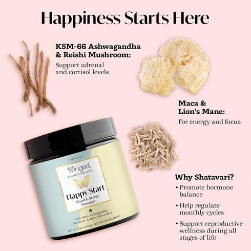 Winged Wellness Happy Start, Mood Boosting Drink Mix Powder for Women - Happy Mind & Hormonal Health, Mood Support