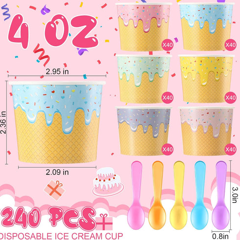 Jingmore 240 Set 4 oz Summer Paper Ice Cream Cups Bulk with Spoons Disposable Sundae Bowls Colorful Paper Dessert Cups