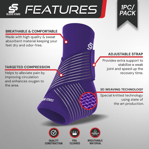 Sleeve Stars Ankle Support - Dark Purple - For Ligament Damage, Sprained Ankle & Plantar Fasciitis Relief