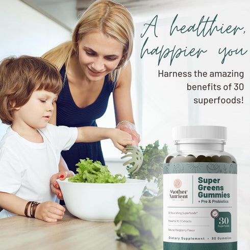 Mother Nutrient Super Greens Gummies for Women - with Prebiotics & Probiotics, 30 Powerful Greens Superfoods - 90
