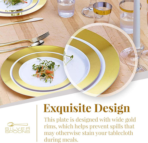 SILVER SPOONS Elegant Disposable Salad Plates - (10 pc) Heavy Duty 9” Fine Plastic Dishes for Parties - Ritz (Gold)