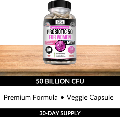 Kaya Naturals Probiotic 50 Billion CFU | 60 Vegetable Capsules for Women, Men, Gut Health & Immune Support