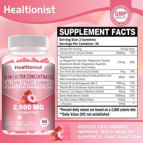 Healtionist 2 Packs 2000mg D3 K2 Gummies Immune 120 Counts Gummies Calcium Citrate with Vitamin Supplements for Women