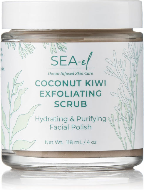 Sea El Coconut Kiwi Exfoliating Face Scrub, Hydrating Anti-Aging Exfoliator with Bamboo Pumice & Green Tea, 4 Oz