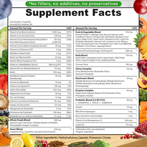 Vegan Whole Food Multivitamin Without Iron, Daily Multivitamin for Women and Men, Made with Fruits & Vegetables, 180