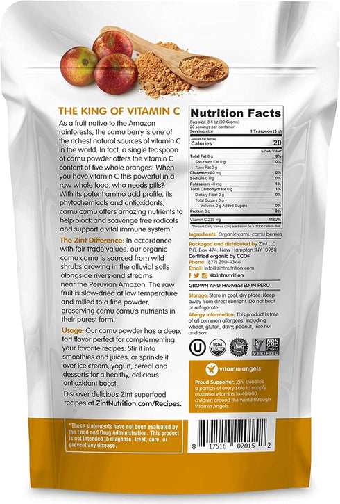 Zint Camu Camu Powder Organic - Superfood Powder, Antioxidants Source for Smoothies, Juices, Ice Creams, 3.5 oz