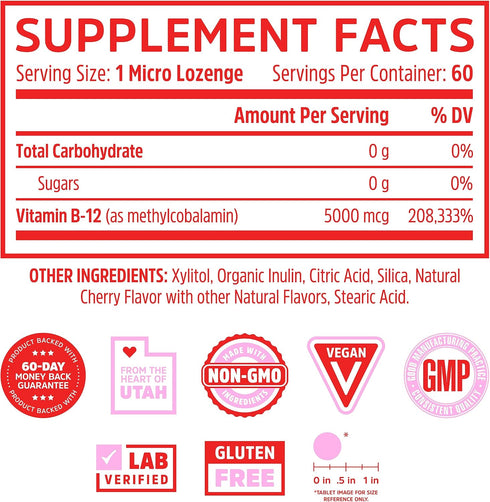Zhou Nutrition Methyl (Vitamin B12) Lozenges, 5000 mcg for Maximum Absorption and Active Energy, Vegan, Cherry, 60 Count