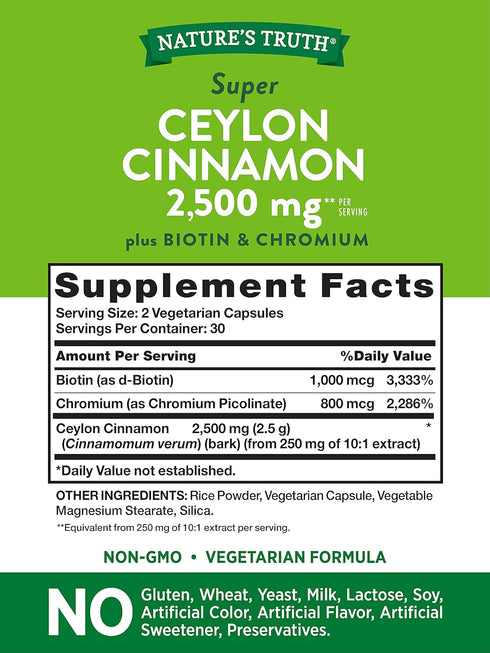 Ceylon Cinnamon Capsules | 2500mg | 60 Count | Vegetarian, Non-GMO, Gluten Free Supplement with Chromium and Biotin