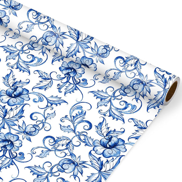 JarThenaAMCS Blue White Floral Wrapping Paper - Mini Roll - 17 In x 32.8 Ft Vintage Watercolor Gift Wrap