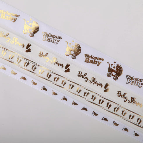 40 Yards White and Gold Baby Shower Ribbon Welcome Baby Foot Print Ribbons for Crafts, Gift Wrapping, Party Decoration