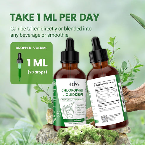 Heivy Chlorophyll Liquid Drops: Internal Deodorizer, Detox & Cleanse, 100% Natural, 2 fl oz (60ml)
