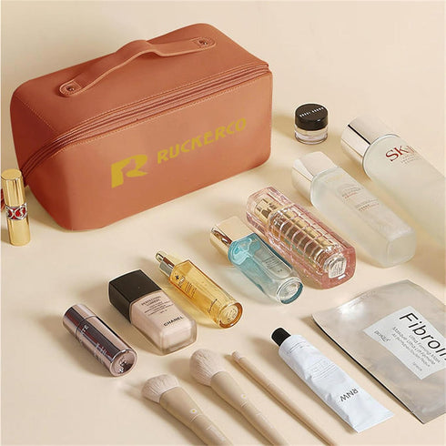 Large Capacity Travel Makeup Bag, Waterproof Portable Pouch, Open Flat Toiletry Organizer with Divider and Handle,