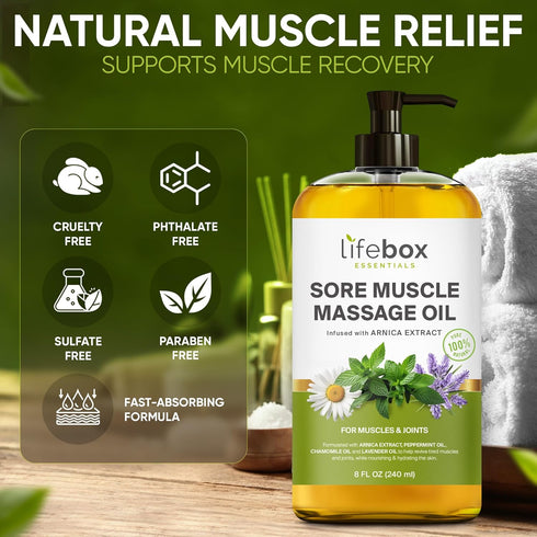 Arnica Sore Muscle Massage Oil, 100% Pure & Natural, Body Oil Infused with Arnica Extract, Lavender & Peppermint Oil