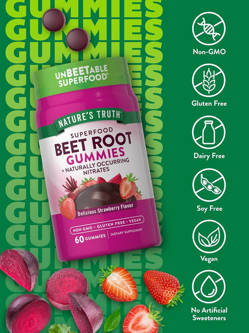 Nature's Truth Beet Root Gummies, 60 Count - Vegan, Non-GMO, Gluten Free, Super Food Supplement
