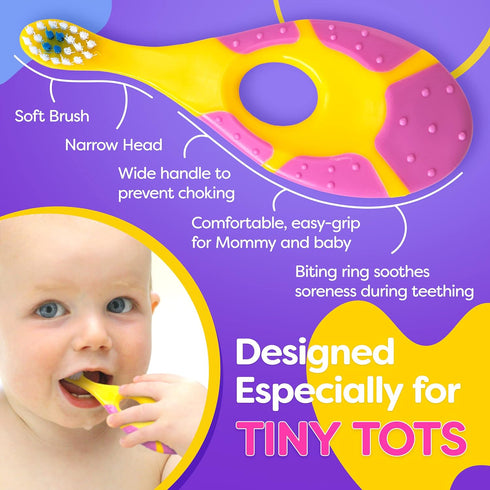 Trueocity Baby Toothbrush 4 Pack & Bonus Silicone Finger Brush, Soft Bristles for 0-2 Years, Pink