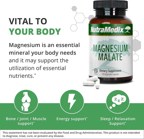 NutraMedix Magnesium Malate 200mg, Vegan, Non-GMO, Gluten-Free Supplement, 120 Vegetarian Capsules