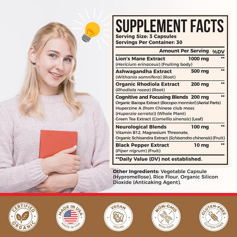 Zylvrax Immune 90 Ashwagandha & Lions Mane Supplements Capsules, Brain Supplements for Memory and Focus, Ashwagandha
