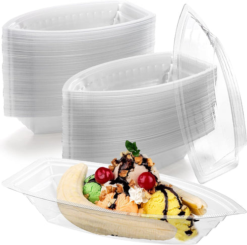 ZEAYEA 150 Pack 8 oz Banana Split Boat Plate, Disposable Plastic Food Boats for Ice Cream Sundae Serving