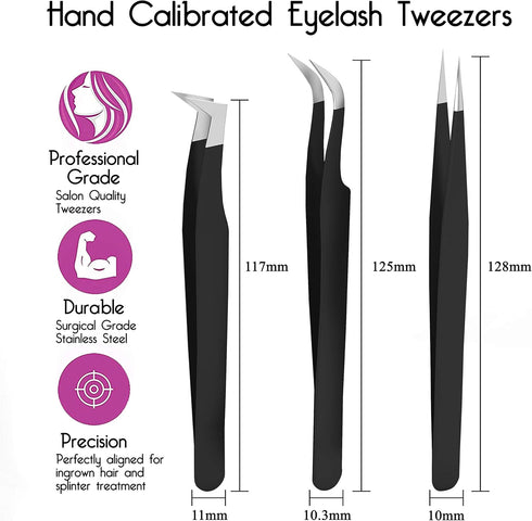 SIVOTE Lash Tweezers for Eyelash Extensions, 3 Pack for Volume, Isolation & Classic Lashes in Black