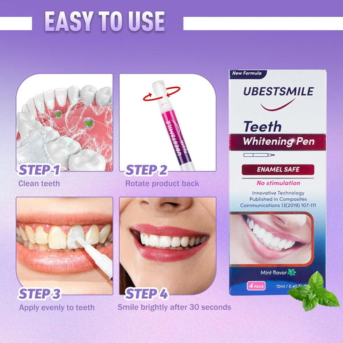 Teeth Whitening Pen (4 Pcs) - Whiten Teeth 40+ Uses, Remove Stains, Effective, Painless, Travel-Friendly Mint Flavor