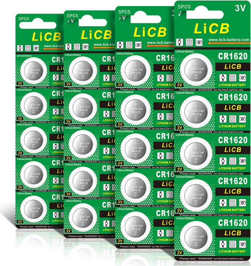 LiCB 20 Pack CR1620 Batteries, Long-Lasting High Capacity 3 Volt CR1620 Lithium Coin & Button Cell for Car Remote & Key