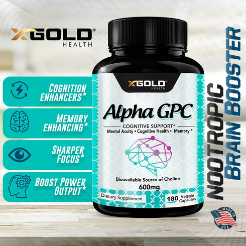 Alpha GPC Choline Supplement 600mg - Highly Purified Source of Choline, 180 Veggie Capsules for Cognitive Enhancement