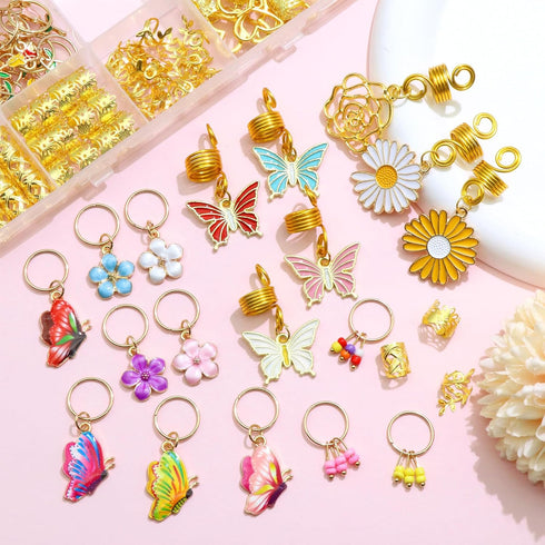 NAISKA 146PCS Gold Hair Jewelry for Braid Handmade Butterfly Flower Charm Locs Dreadlock Accessories Metal Alloy Hair Coils Rings Hair Cuffs Hair Braids Jewelry Decorations for Women and Girls