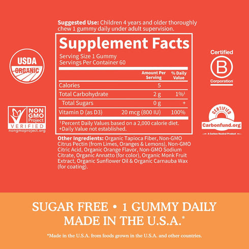 Garden of Life Kids Organic Vitamin D3 Gummies, 60 Servings, 800 IU for Strong Bones, Teeth, Brain & Immunity