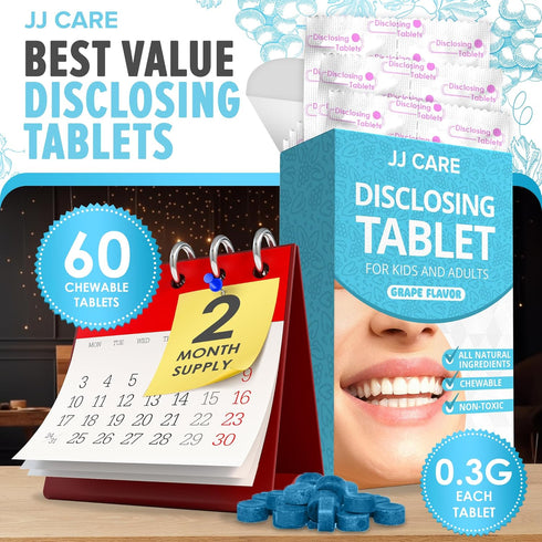 JJ Care Disclosing Tablets for Kids, 60 Count Grape Flavored Plaque Disclosing Tablets, Individually Wrapped