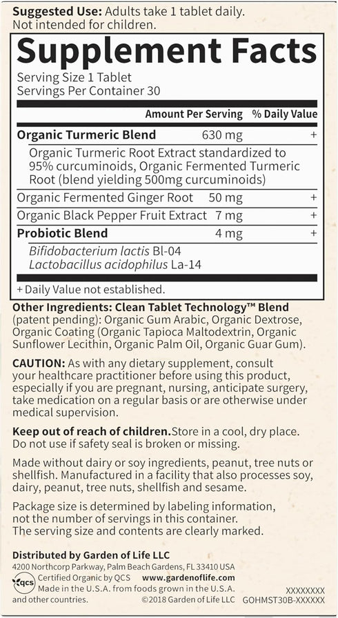 Garden of Life Organics Maximum Strength Turmeric Joints & Mobility Support - 30 Tablets, 500mg Curcumin & Black Pepper