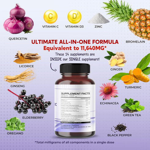 Quercetin 8000mg Elderberry 6000mg Turmeric 5000mg Vitamin C 100mg Zinc 50mg - Immunity Support - Made in USA