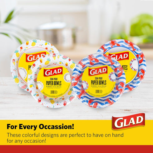 Glad Everyday Round Disposable Paper Bowls, Lobster Waves Design, Microwavable, 12oz, 50 Count
