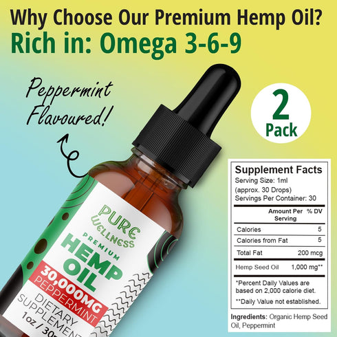Organic Hemp Seed Oil (2 Oz), Peppermint Flavor, High Potency 30,000 mg - Natural Pain Relief, Helps Sleep, Relaxation & Mood, Transparent Hemp Oil Dosage, Non-Habit Forming - Non-GMO, Vegan