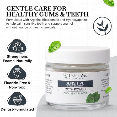 Living Well with Dr. Michelle Sensitive Remineralizing Tooth Powder | Fluoride-Free Hydroxyapatite Formula | Supports