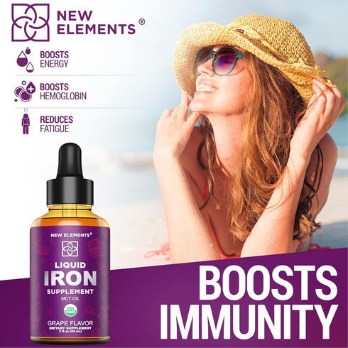 Iron Supplement for Women & Men, Organic Liquid Iron Drops for Adults with MCT Oil, 2 Fl Oz, Immune Support