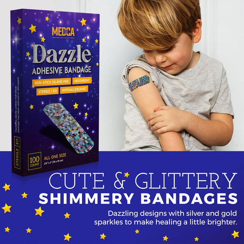 Glitter Bandages for Kids - 100 Count Box of Adhesive Strips with Colorful Glitter Design for First Aid