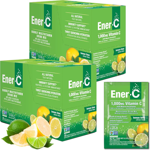 Ener-C Lemon Lime Multivitamin Drink Mix Powder - 1000mg Vitamin C & Electrolytes - 60 Count - Non-GMO Vegan