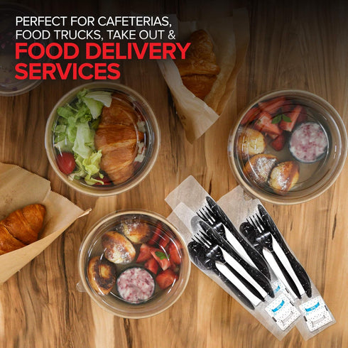 Individually Wrapped Plastic Cutlery Set with Napkin + Salt & Pepper Packets, 50 Count Prewrapped Disposable Silverware