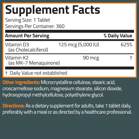 K2 D3 (MK7) D3 5000IU (125 90 K2 MK-7, 360 Bronson Vitamin Supplement Non-GMO Formula Vitamin mcg) & mcg Easy