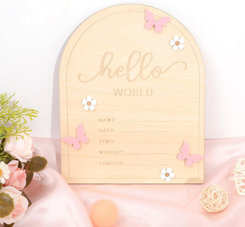 TERJIO Hello World Newborn Sign - Baby Announcement Sign for Baby Showers, Pink Butterfly Newborn Birth Announcement