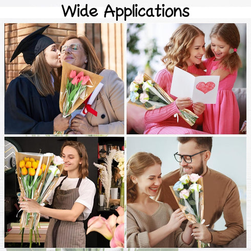 STEFORD 50Pcs 9.8x17.9 Inch Flower Bags for Bouquets Kraft Floral Sleeves Wrapping Paper with Ribbons for Mother's Day