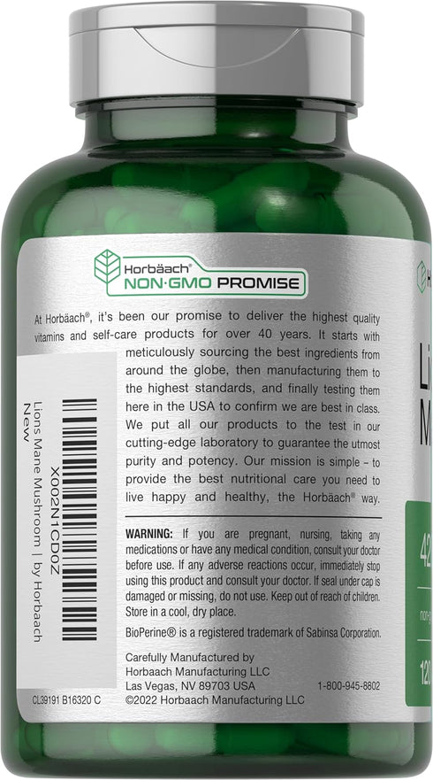 Horbaach Lions Mane Mushroom Extract - 4200mg, 120 Capsules, Vegetarian, Non-GMO, Gluten Free Supplement